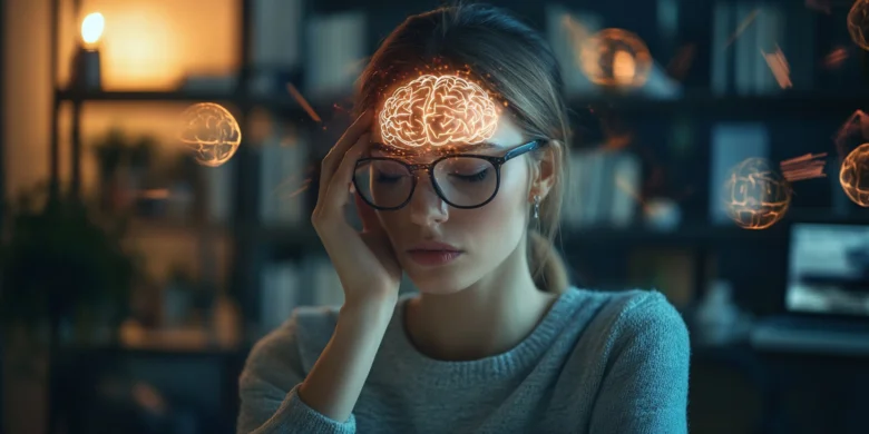 Žena s brýlemi v tmavé místnosti obklopená zářícími mozkovými vizualizacemi.