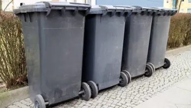 Černé popelnice na kolech u plotu.