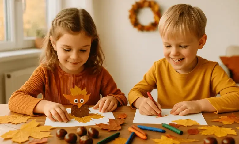 Děti tvoří podzimní papírové dekorace z listů a přírodnin.