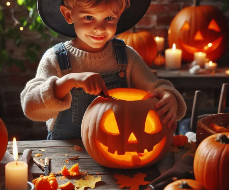 Dětské dlabání dýně na Halloween s vycpáváním dužiny.