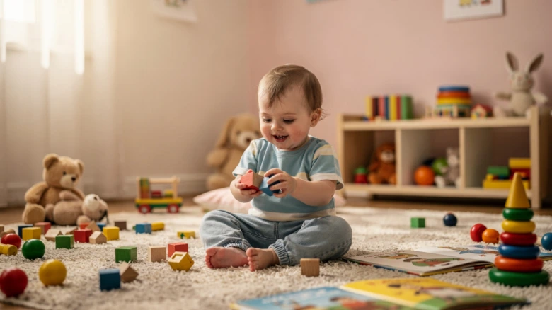 Mimořádně šťastné dítě hraje s barevnými dřevěnými hračkami na koberci.