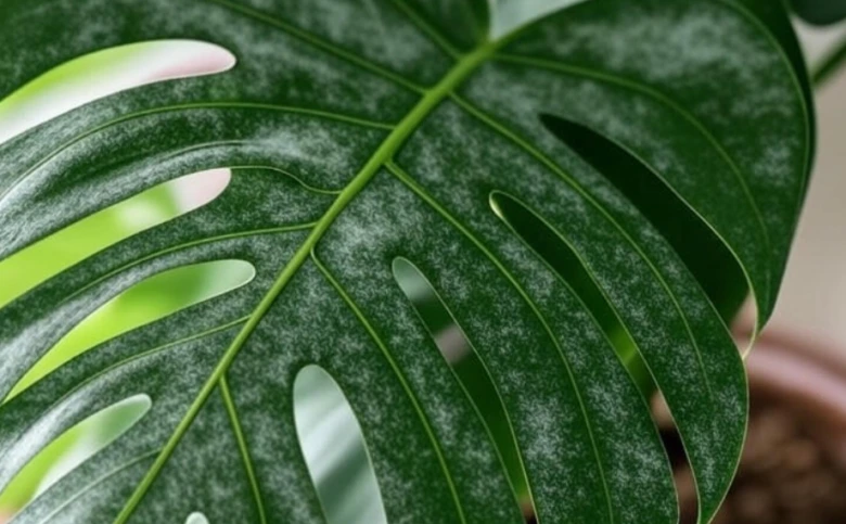 Monstera list s bílými skvrnami plísně na povrchu.