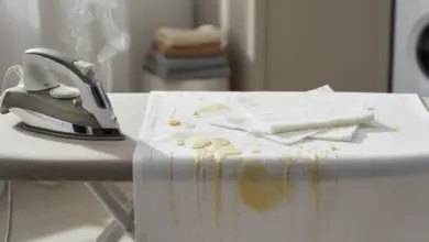 Žehlička na žehlící prkénku s ubrusem namazaným voskem.