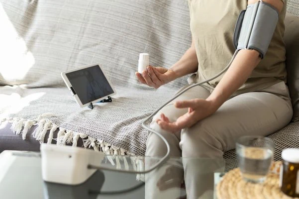 Žena měří krevní tlak doma s digitálním přístrojem.