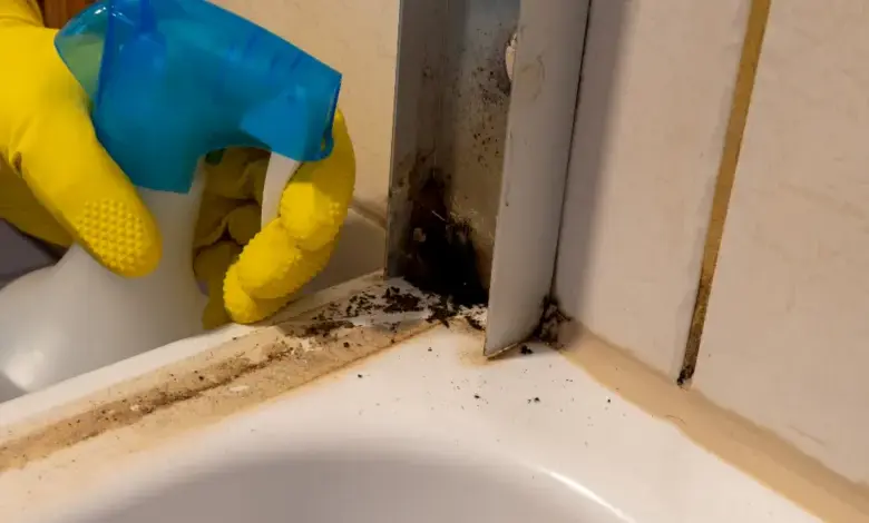 Ručník s rukavicí čistí černou plíseň v koutě vaničky.