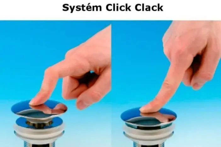 Ruka stiská klikací výpust umyvadla značky Click Clack.