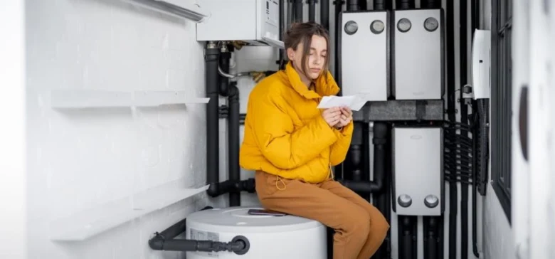 Žena sedí v technické místnosti s vodovodními instalacemi.