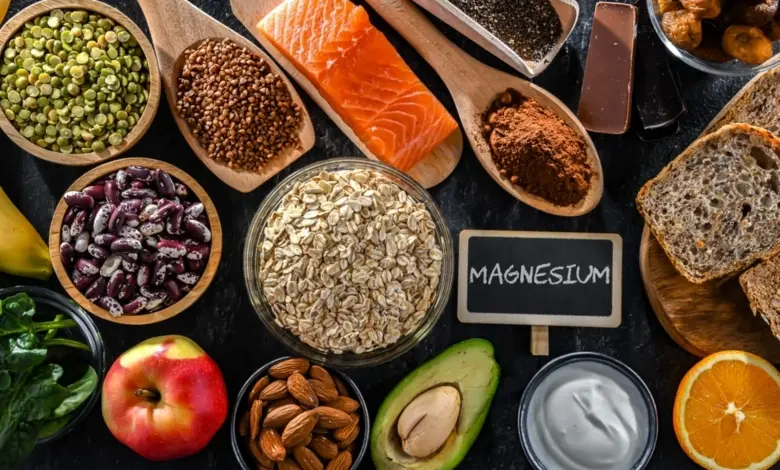 Různé potraviny bohaté na hořčík uspořádané vedle tabule s nápisem MAGNESIUM.
