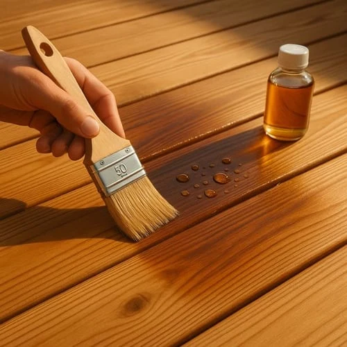 Hand applying wood oil to deck boards