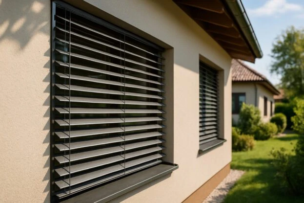 Window blinds on house exterior