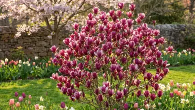Rostlina magnolie v květu na trávníku s tulipány.
