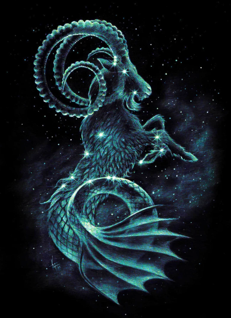 Ilustrace znamení Kozoroh jako mořský kozel na hvězdné obloze.