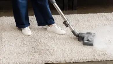 Člověk čistí koberec parním vysavačem na podlaze.