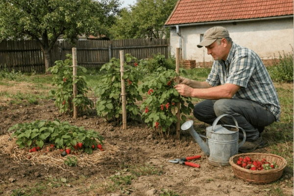 Muž sklízí bobule v zahradě s nástroji vedle něj.