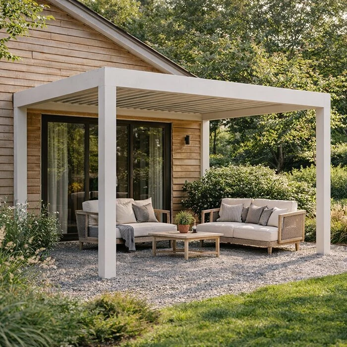 Bílá dřevěná pergola s pohovkou na zahradním terasu.